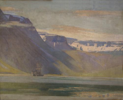 Málverk sem sýnir sjónarhorn inn með Engidal í Skutulsfirði.