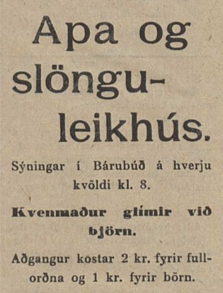 Apa- og slönguleikhús auglýst í Bárubúð 1926